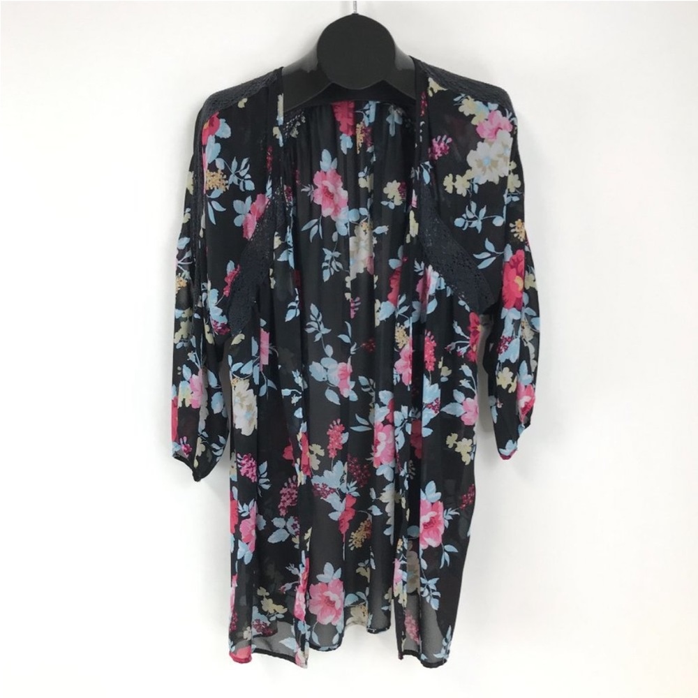 Torrid Floral Chiffon Lace Trim Kimono Women's Plus Size 0X/1X Black Open Sheer